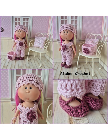 Ensemble salopette, chapeau, sac et chaussures au crochet pour poupée Little Mia Nines d'Onil