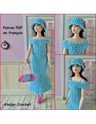 Robe, chapeau et sac patron PDF de crochet pour poupée Barbie Curvy