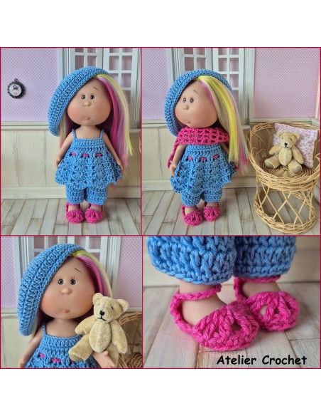 Ensemble pantalon, tunique, béret, étole et chaussures au crochet pour poupée Little Mia Nines d'Onil