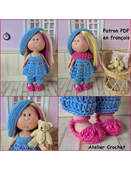 Pantalon, tunique, béret, étole et chaussures patron PDF de crochet pour poupée Little Mia Nines d'Onil