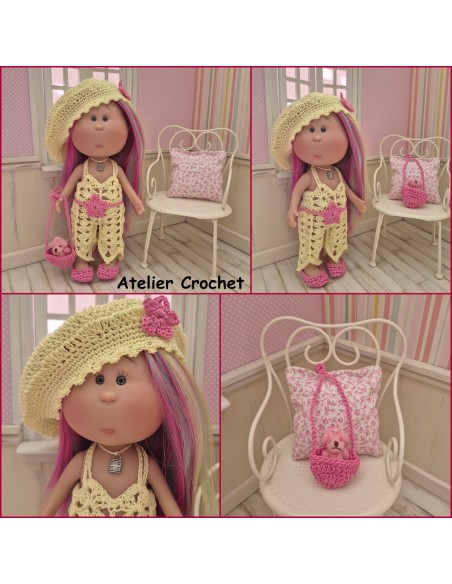 Ensemble salopette, ceinture, béret, sac et chaussures au crochet pour poupée Little Mia Nines d'Onil