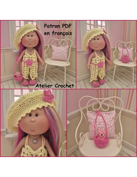 Combinaison, ceinture, béret, sac et chaussures patron PDF de crochet pour poupée Little Mia Nines d'Onil