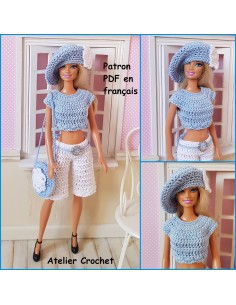 Bermuda, top, béret et sac patron PDF de crochet pour poupée Barbie