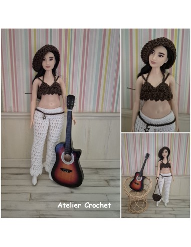 top, pantalon, ceinture, béret et sac ensemble au crochet pour poupée Barbie Curvy