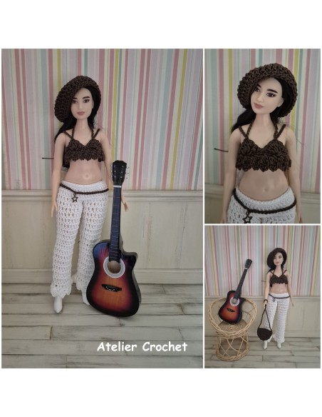 top, pantalon, ceinture, béret et sac ensemble au crochet pour poupée Barbie Curvy