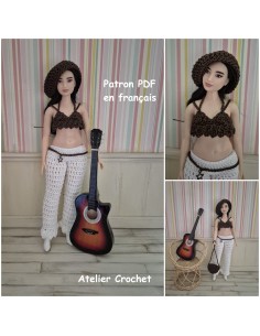 Top, pantalon, ceinture, béret et sac patron PDF de crochet pour poupée Barbie Curvy