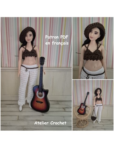 Top, pantalon, ceinture, béret et sac patron PDF de crochet pour poupée Barbie Curvy