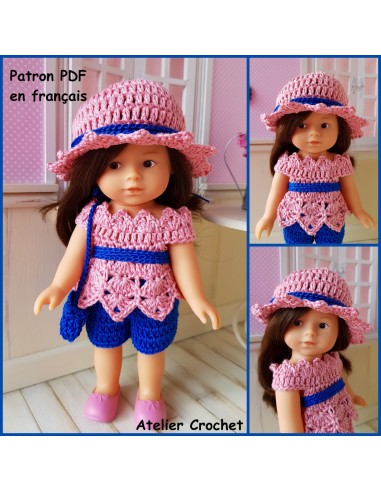 Short, tunique, chapeau et sac patron PDF de crochet pour poupée Mini Corolline