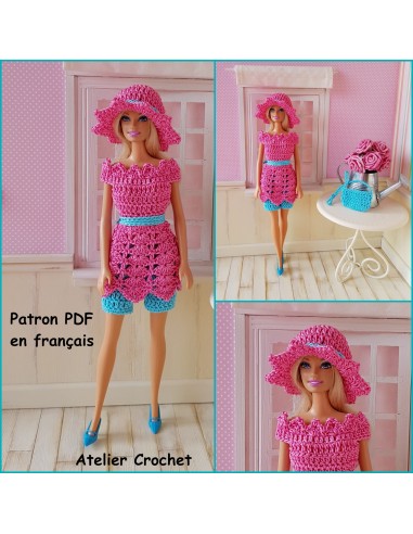 Short, tunique, chapeau et sac patron PDF de crochet pour poupée Barbie
