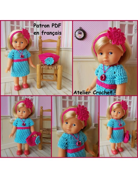 Robe, serre tête et sa patron PDF de crochet pour poupée Mini Corolline