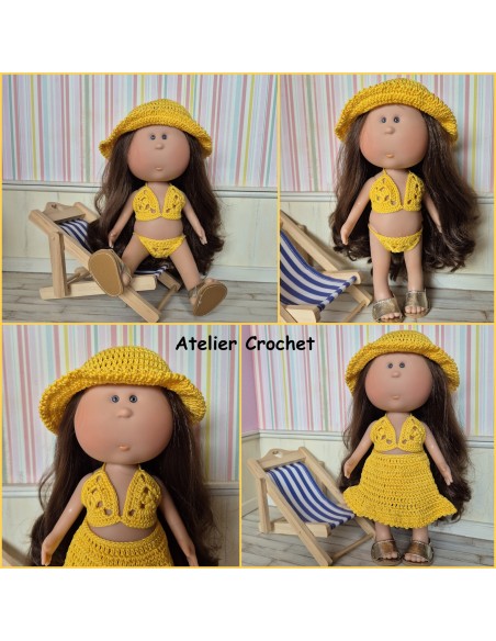 Ensemble maillot de bain 2 pièces, jupe et chapeau au crochet pour poupée Little Mia Nines d'Onil