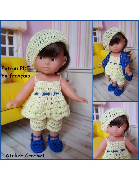 Tunique, pantacourt, béret, étole et chaussures patron PDF de crochet pour poupée Mini Corolline
