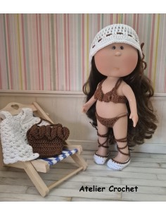 Maillot de bain, sac, chaussures, gilet et chapeau au crochet pour poupée Mia Nines d'Onil