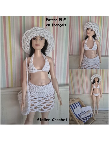 Bikini, jupe, sac et chapeau patron PDF de crochet pour poupée Barbie Curvy