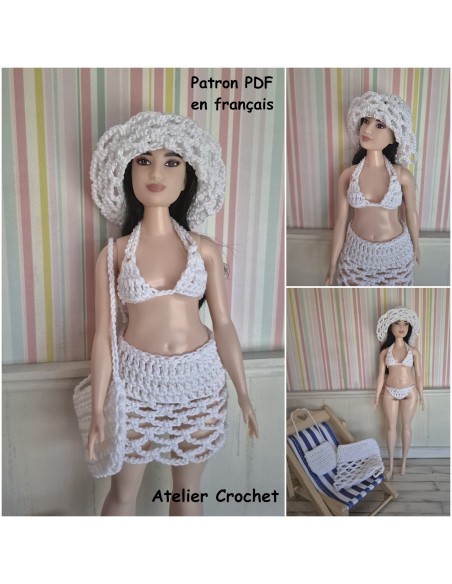 Bikini, jupe, sac et chapeau patron PDF de crochet pour poupée Barbie Curvy