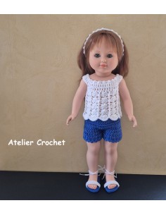 Ensemble short, top, bandeau et chaussures au crochet pour poupée Marie Françoise Petitcollin