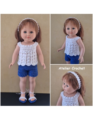 Ensemble short, top, bandeau et chaussures au crochet pour poupée Marie Françoise Petitcollin