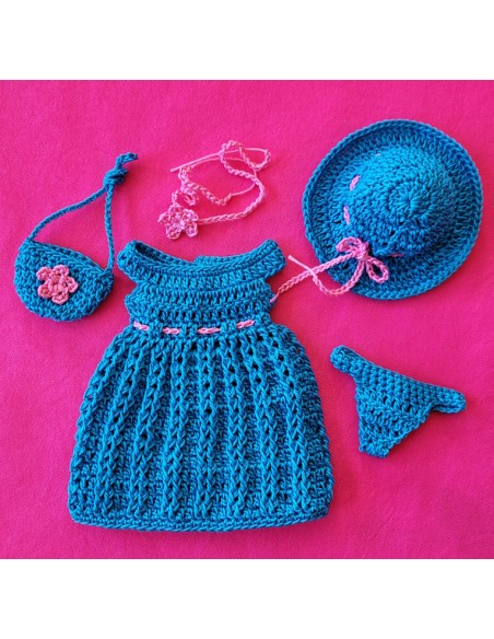 robe, chapeau, culotte, collier et sac ensemble au crochet pour poupée Barbie Curvy
