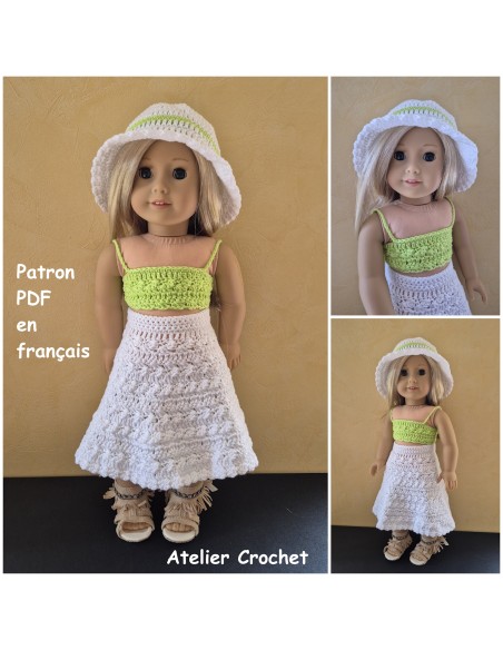 Jupe, top et chapeau patron PDF de crochet pour poupée American Girl