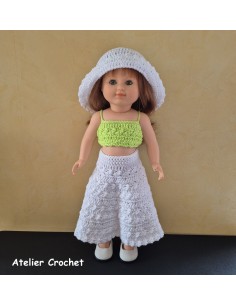 Ensemble top, jupe et chapeau au crochet pour poupée Marie Françoise Petitcollin