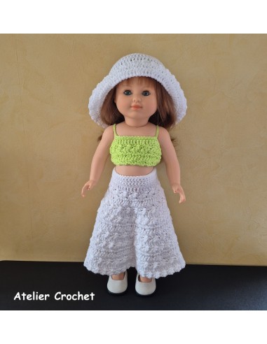 Ensemble top, jupe et chapeau au crochet pour poupée Marie Françoise Petitcollin
