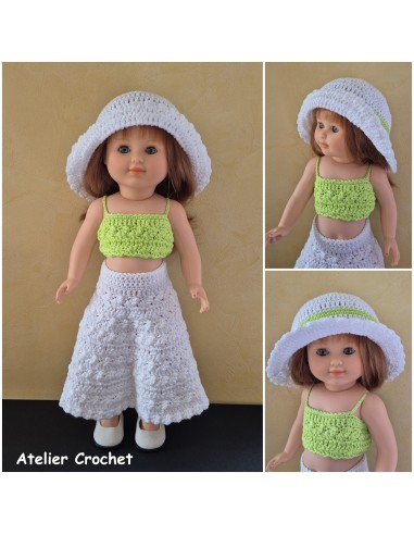 Ensemble top, jupe et chapeau au crochet pour poupée Marie Françoise Petitcollin