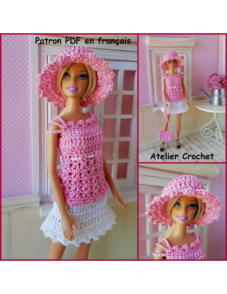 Top, jupe, chapeau et sac patron PDF de crochet pour poupée Barbie