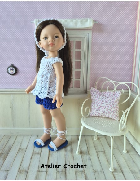 Ensemble short, top, bandeau et chaussures au crochet pour poupée Paola Reina Las Amigas