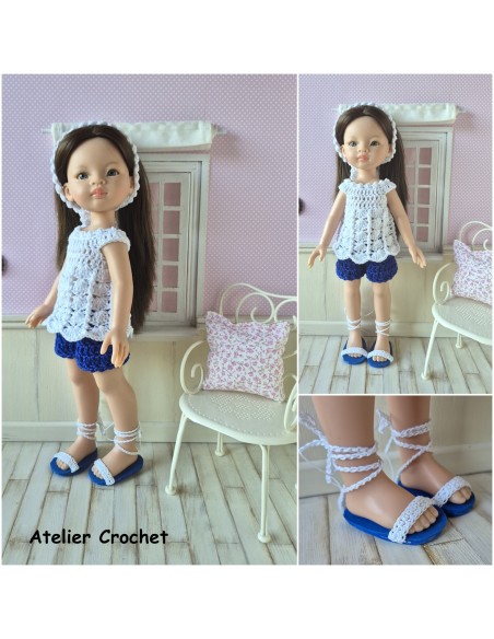 Ensemble short, top, bandeau et chaussures au crochet pour poupée Paola Reina Las Amigas