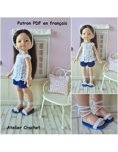 Top, short, bandeau et chaussures patron PDF de crochet pour poupée Paola Reina Las Amigas