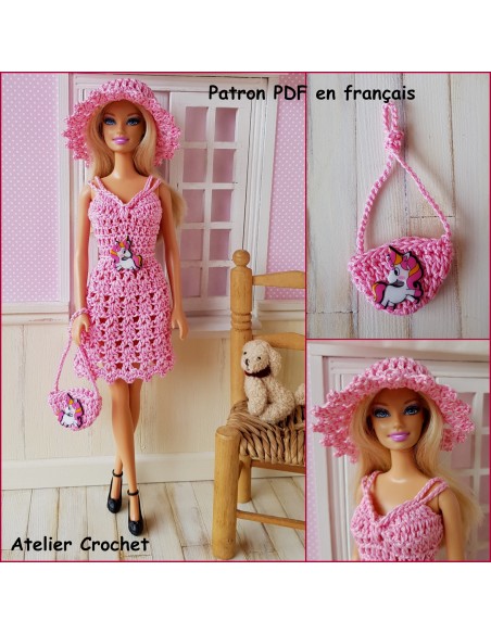 Robe, chapeau et sac patron PDF de crochet pour Barbie