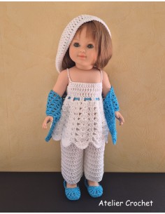 Ensemble pantalon, tunique, béret, étole et chaussures au crochet pour poupée Marie Françoise