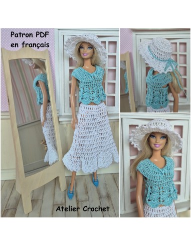 Top, jupe et chapeau patron PDF de crochet pour Barbie