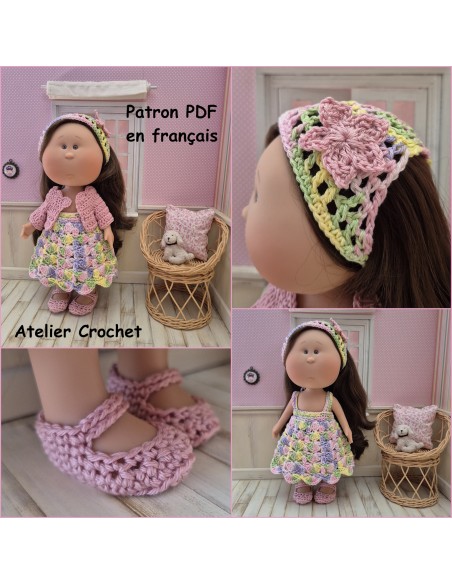Robe, gilet, fichu et chaussures patron PDF de crochet pour poupée Mia NInes d'Onil
