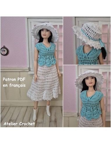 Top, jupe longue et chapeaupatron PDF de crochet pour poupée Barbie Curvy