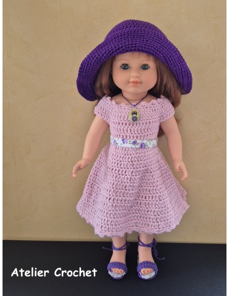 Ensemble robe, chapeau et chaussures au crochet pour poupée Marie Françoise