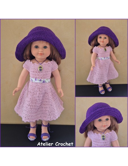 Ensemble robe, chapeau et chaussures au crochet pour poupée Marie Françoise