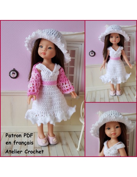 Robe, chapeau et châle patron PDF de crochet pour poupée Paola Reina Las Amigas