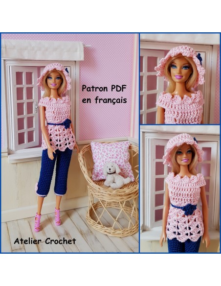 Tunique, pantacourt et chapeau patron PDF de crochet pour poupée Barbie