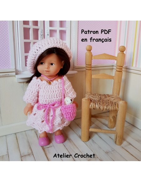 Robe, sac et béret patron PDF de crochet pour poupée mini corolline