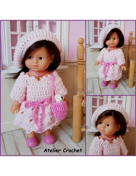 Robe, sac et béret patron PDF de crochet pour poupée mini corolline