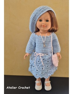 Ensemble robe, béret et sac au crochet pour poupée Marie Françoise