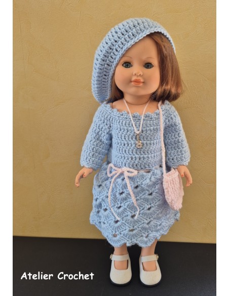 Ensemble robe, béret et sac au crochet pour poupée Marie Françoise