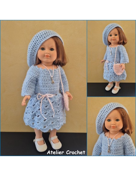 Ensemble robe, béret et sac au crochet pour poupée Marie Françoise