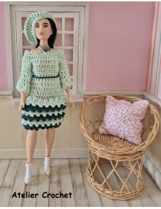 robe à manches longues et béret ensemble au crochet pour poupée Barbie Curvy