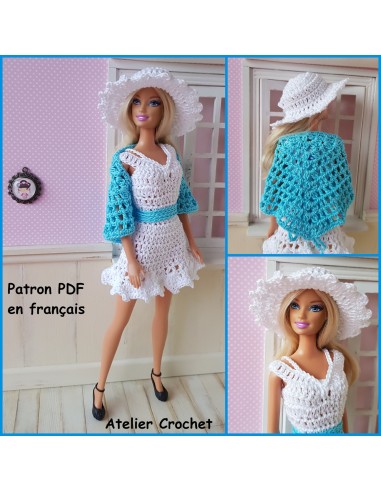 Robe, chapeau et châle patron PDF de crochet pour poupée Barbie