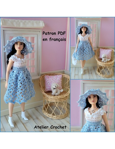 Robe, chapeau et sac patron PDF de crochet pour poupée Barbie Curvy