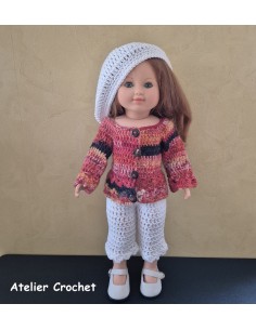 Ensemble gilet, pantalon et béret au crochet pour poupée Marie Françoise