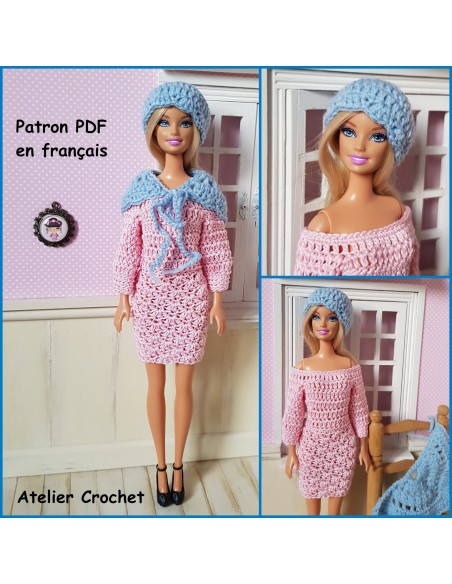 Robe, châle et bonnet patron PDF de crochet pour poupée Barbie