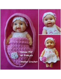 Couffin, couverture, robe, culotte et bonnet patron PDF de crochet pour poupon Paola Reina Los Peques